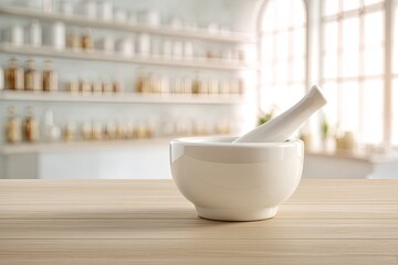White Mortar And Pestle On Wooden Table In Pharmacy Interior