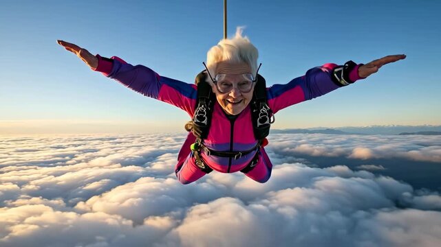 A cheerful elderly woman skydiving over clouds, embracing adventure.