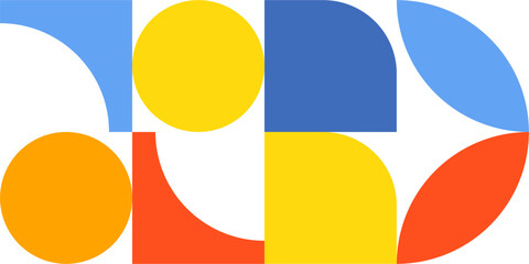 Modern abstract geometric pattern with bright shapes in yellow, blue, orange, and red colors. Minimal and vibrant design. Perfect for backgrounds, posters,