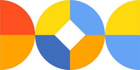 Modern abstract geometric pattern with bright shapes in yellow, blue, orange, and red colors. Minimal and vibrant design featuring circles, half circles, and squares. Perfect for backgrounds, posters,