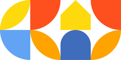 Modern abstract geometric pattern with bright shapes in yellow, blue, orange, and red colors. Minimal and vibrant design. Perfect for backgrounds, posters,