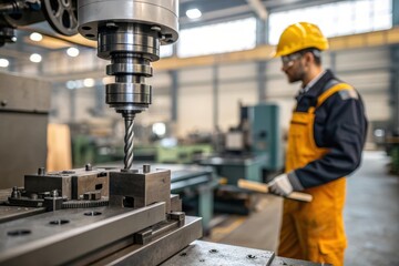 Precision in Progress: A focused technician diligently operates a heavy-duty industrial drill press within a bustling manufacturing plant, ensuring accuracy and efficiency.