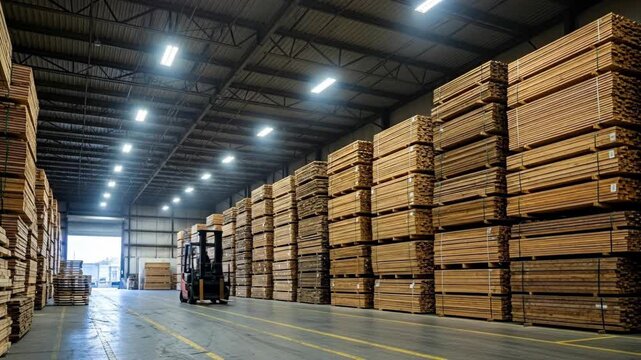 A spacious warehouse filled with neatly stacked lumber and a forklift.