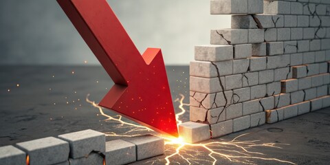 Breaking Barriers: A symbolic red arrow dramatically smashes through a brick wall, igniting a spark, representing overcoming challenges and breaking through obstacles