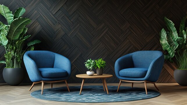 Cozy seating arrangement with blue chairs on rug, dark wall and lush plants