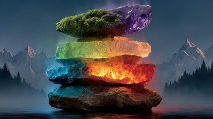Fototapeta premium Stack of colorful rocks with mountain background and glowing light effects.
