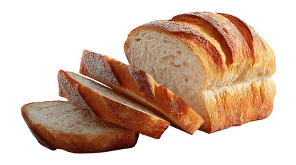 Freshly baked artisan bread, sliced and isolated on a transparent background, showcasing its goldenbrown crust and soft, airy interior