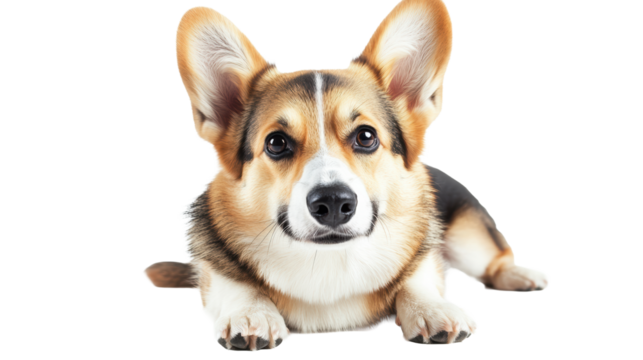 Adorable corgi dog looking forward on white
