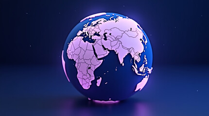 A stylized globe with illuminated continents, showcasing global connectivity and technology, set against a dark blue background, representing worldwide communication and innovation