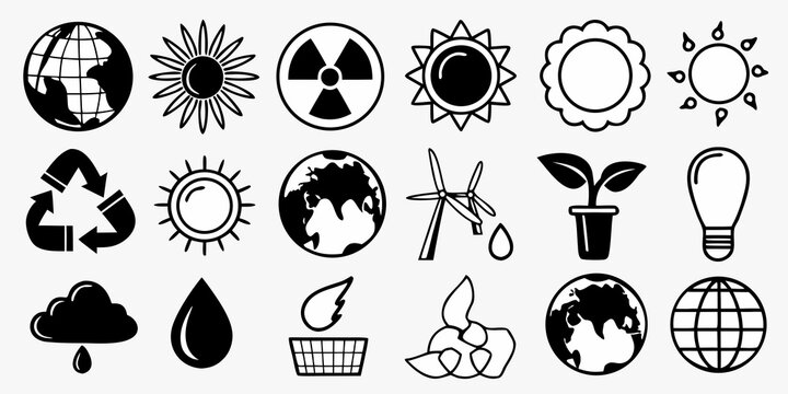 Collection of environmental and energy related icons including earth sun and recycling symbols present