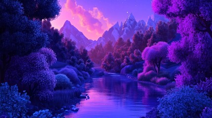 Purple sunset, river valley, tranquil mountains, fantasy landscape, ideal for backgrounds
