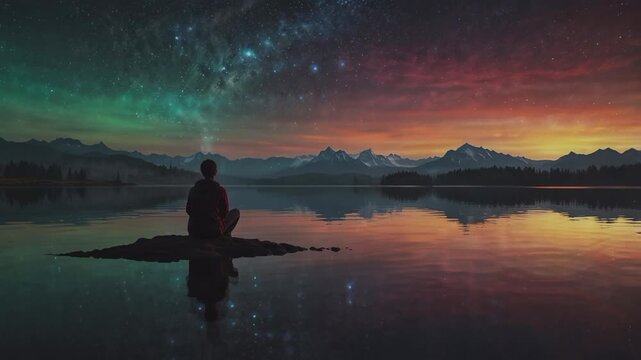 a spectacular and surreal night scene, with a person sitting alone on the water's edge, looking out towards the horizon.