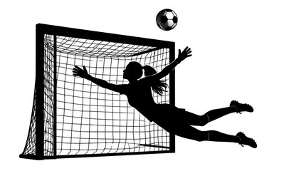Black silhouette of a goalkeeper diving for a soccer ball in front of a goal, against a white background