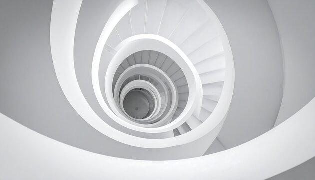 A stark white spiral staircase twists downward to a central point, illuminated