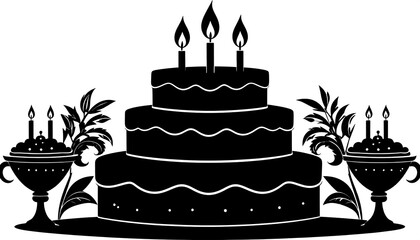 Black silhouette of a three-tiered cake flanked by smaller cakes and leafy branches, all on a solid base