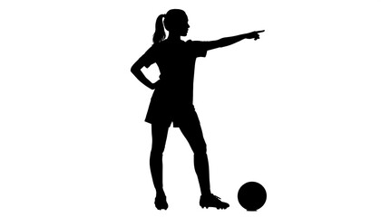 Black silhouette of a woman in sports attire pointing, with a soccer ball at her feet