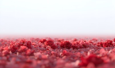 a surreal and poetic abstract landscape covered entirely with red roses and red petals, no green leaves, no stems, only endless layers of red blossoms and petals merging into the horizon