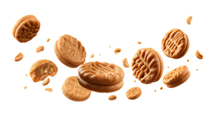 Peanut butter cookies crushing and flying isolated on transparent background