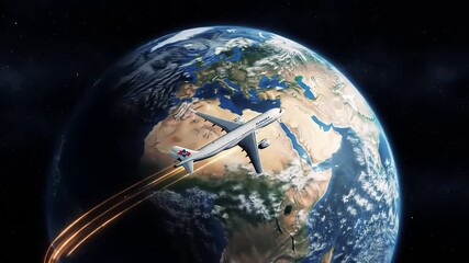 An airplane flying around the Earth symbolizing global travel international business and worldwide connectivity in a digital age with a focus on modern aviation and environmental impact. - Powered by Adobe