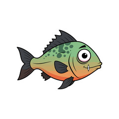 Cartoon fish illustration, a cute aquatic animal with sharp teeth and big eyes, vibrant colors