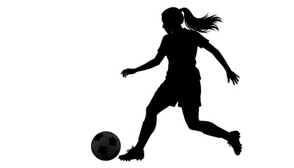 Black silhouette of female soccer player kicking ball. White backdrop highlighting action of forward movement