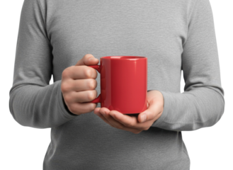 A person holds a red mug with both hands, showcasing its vibrant color and smooth design.