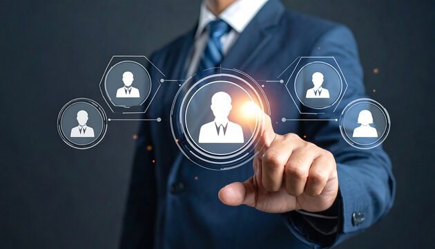 A person in a suit interacts with digital icons representing people, set against a dark blurred background