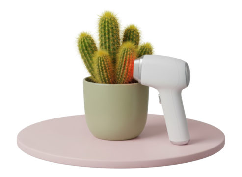 A modern device is positioned next to a vibrant cactus in a stylish planter, showcasing a blend of technology and nature.
