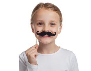 A cheerful child holding a fake mustache on a stick, smiling playfully.