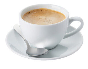 A white cup filled with coffee, accompanied by a small spoon on a matching saucer.