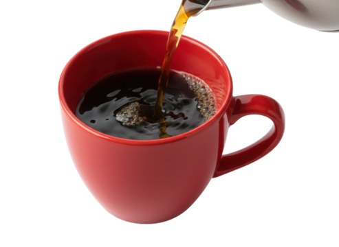 A vibrant red cup is being filled with steaming black coffee, showcasing bubbles and rich color against a dark background. - Powered by Adobe