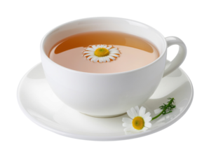 A white cup filled with tea, featuring a daisy floating on the surface, accompanied by a small plate and additional daisies.