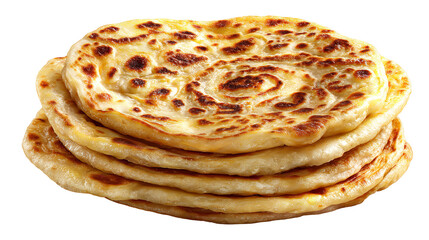 A stack of freshly baked paratha, a popular indian flatbread, isolated on a transparent background, showcasing its flaky layers and goldenbrown texture