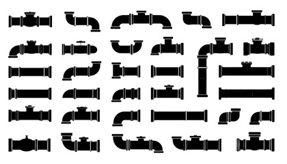 Black silhouette pipes set against a stark white backdrop, showcasing various bends, lengths, and connector styles