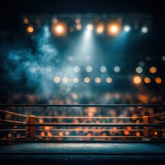 Empty Boxing Ring Under Spotlight In Dark Arena