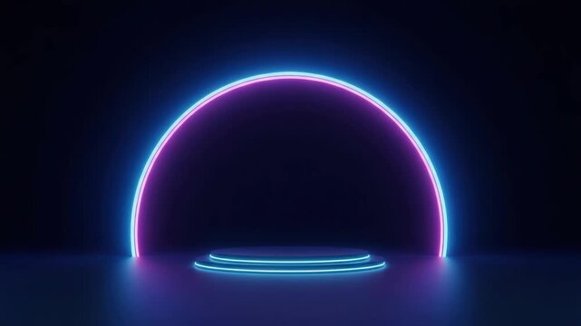 Neon platform with half circle light in blue and purple on dark stage