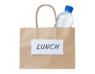 A paper bag labeled "LUNCH" containing a bottled water, symbolizing a meal option for on-the-go consumption.