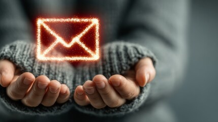 Sparkling Envelope Symbol Held Gently in Cupped Hands