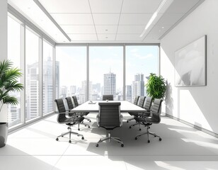 A modern conference room with large windows offering a city view, featuring a long table, rolling chairs, and greenery, creating a bright, professional atmosphere.