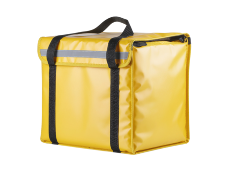A bright yellow delivery bag with a zipper and sturdy black straps, designed for transporting food items efficiently.