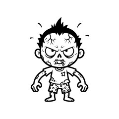 Angry cartoon zombie kid, creepy spooky monster character, black and white illustration drawing.
