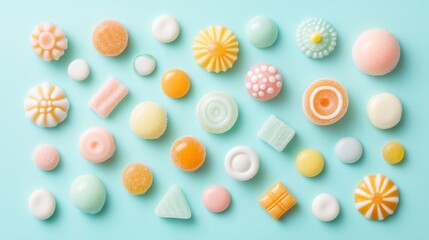 48.A carefully arranged flat lay of various candy shapes, including polka-dotted bonbons, sugar-coated gumdrops, and bright caramel chews, creating a deliciously vibrant pattern on a pastel turquoise