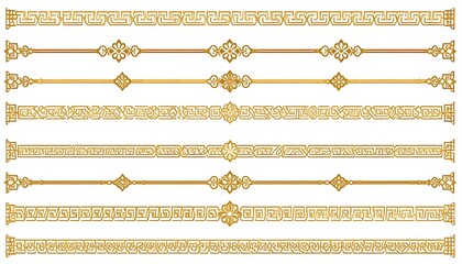 Ornate golden dividers, varied patterns and designs. Lines, curves, and symmetrical details adorn the edges