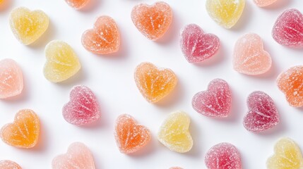 82.A flat-lay of chewy, heart-shaped candies, arranged in a random yet aesthetically pleasing pattern on a white surface, with a soft-focus background that draws attention to their chewy texture.
