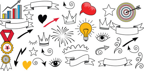 A vibrant, hand-drawn collage of achievement and success icons featuring medals, crowns, bar graphs, arrows, lightbulbs, targets, fireworks, and hearts