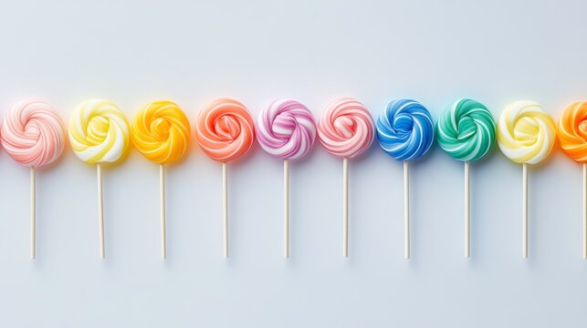 57.A collection of rainbow-hued lollipops with intricate candy stripes, including classic round swirls and twisted stick designs, displayed against a pure white background for a vibrant contrast.