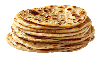 A stack of freshly made, golden brown parathas, a popular indian flatbread, isolated on a transparent background, showcasing their flaky texture and delicious appearance