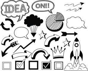 A bold black and white hand-drawn collage of business and creativity icons featuring rockets, arrows, speech bubbles, bar graphs, crowns, checkmarks, and stars all sketched in an energetic doodle 