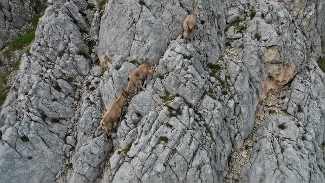 Ibex Family Climbing Steep Rocky Mountain in the Alps.