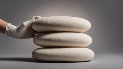 Gloved hand placing or touching three stacked oval, textured, cream-colored objects